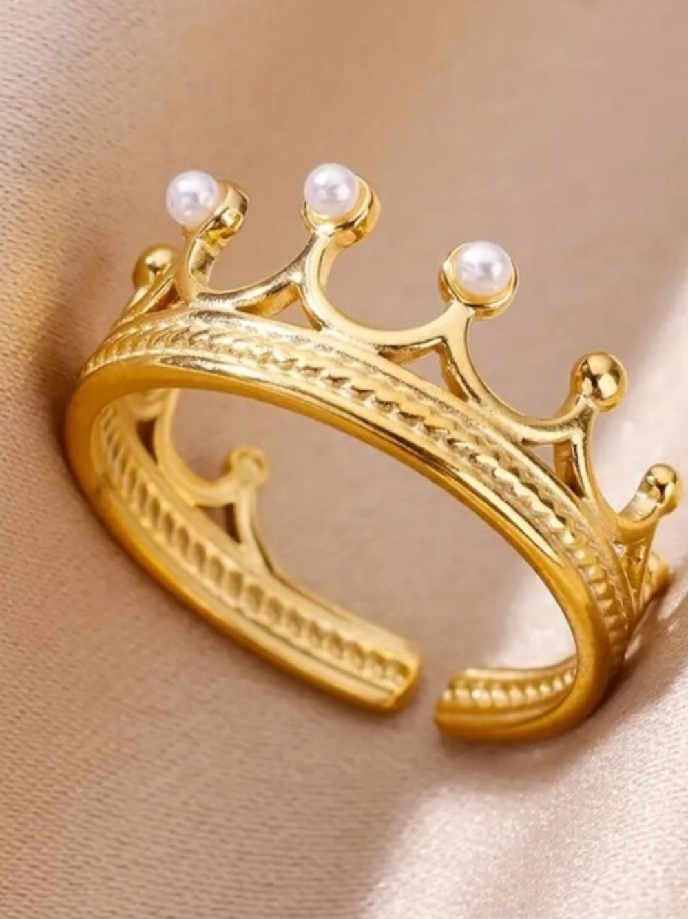 Gold Crown Pearl Accent Adjustable Ring - Stainless Steel